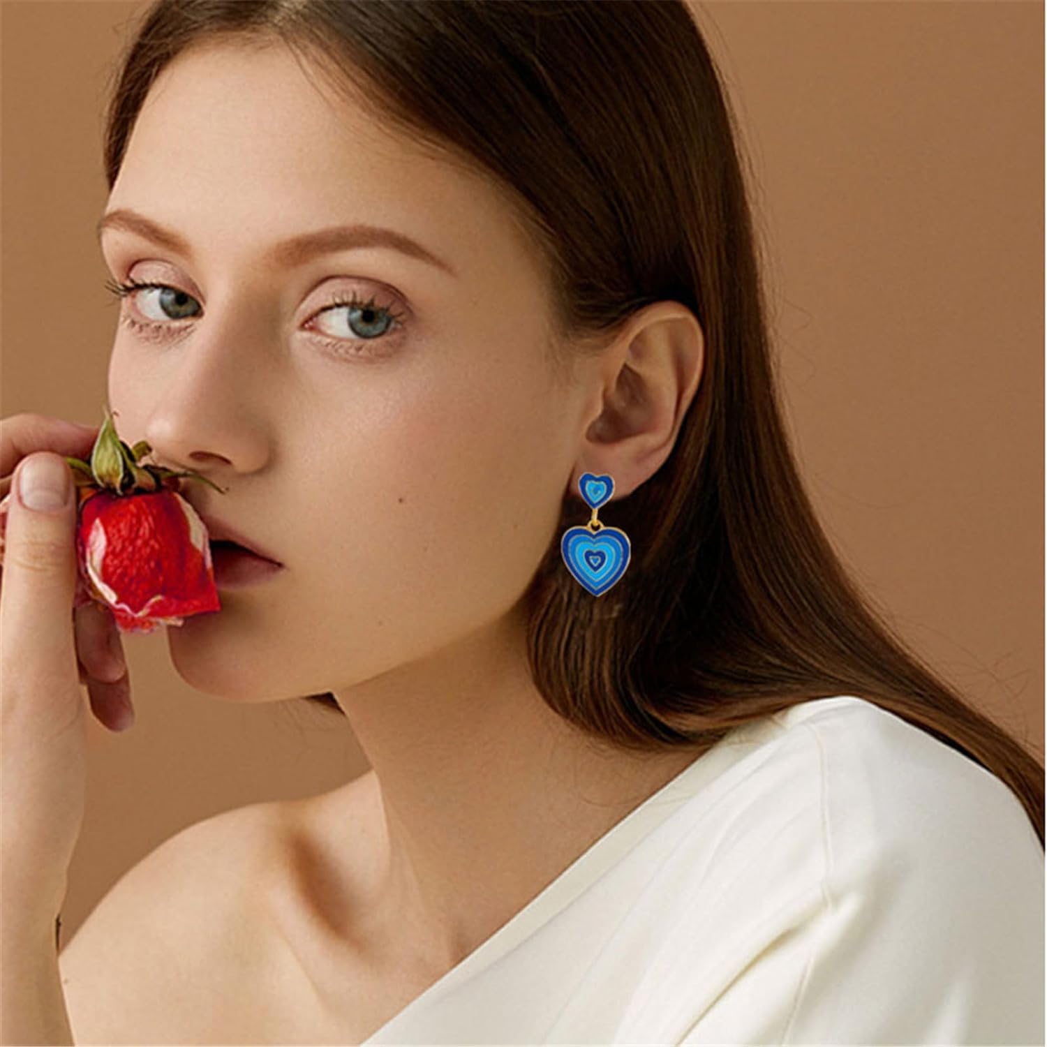 El Regalo Cute Gradient Enamel Heart Studs Earring for Girls & Women- Vintage Colorful Enamel Love Heart Earrings 14K Gold Plated (Blue)