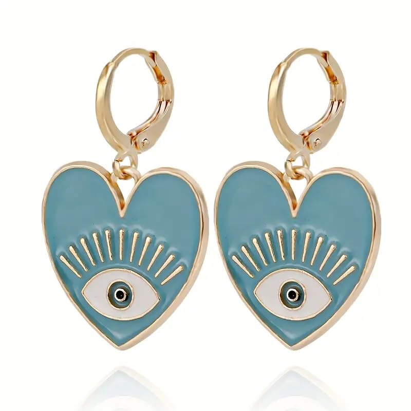 El Regalo 1 Pair Heart Evil Eye Enameled Hook Earrings - Dainty Evil Eye Hypoallergenic Heart Earrings for Girls & Women (Blue Hoop Evil Eye)