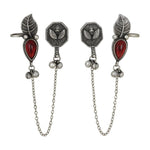 El Regalo Antique Silver Cuff Earrings for Women & Girls - Brass Stud & Chain Ear Cuffs for Pierced Ears - Elegant Contemporary Silver Lookalike Jewelry for Traditional & Western Outfits (Red)