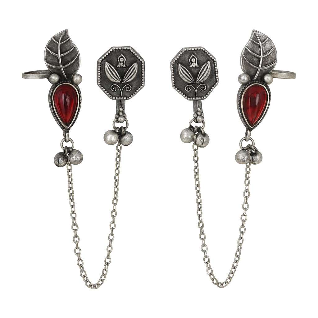 El Regalo Antique Silver Cuff Earrings for Women & Girls - Brass Stud & Chain Ear Cuffs for Pierced Ears - Elegant Contemporary Silver Lookalike Jewelry for Traditional & Western Outfits (Red)