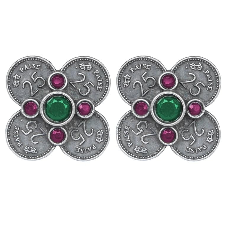 El Regalo Silver Lookalike 25 Paisa Vintage Earrings- Brass Oxidised Antique Boho Coinage Stud Earrings for Women & Girls- Antique 25 Paisa Coin Studs