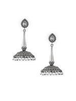 El Regalo Uniquely Handcrafted Oxidized Brass Jhumka Earrings- Silver Lookalike Ethnic Victorian Style Stones Long Jhumka Earrings for Women (White)