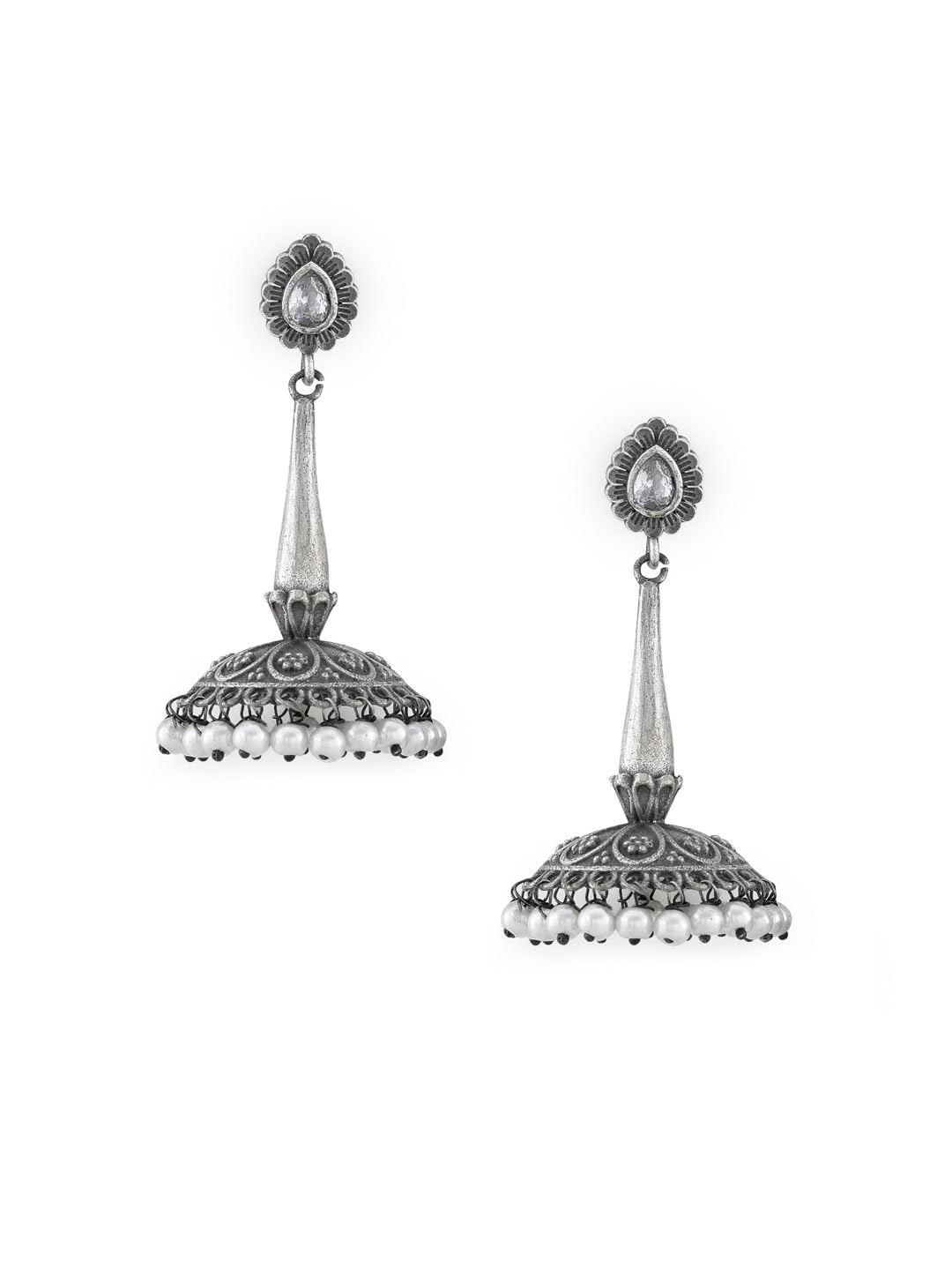 El Regalo Uniquely Handcrafted Oxidized Brass Jhumka Earrings- Silver Lookalike Ethnic Victorian Style Stones Long Jhumka Earrings for Women (White)
