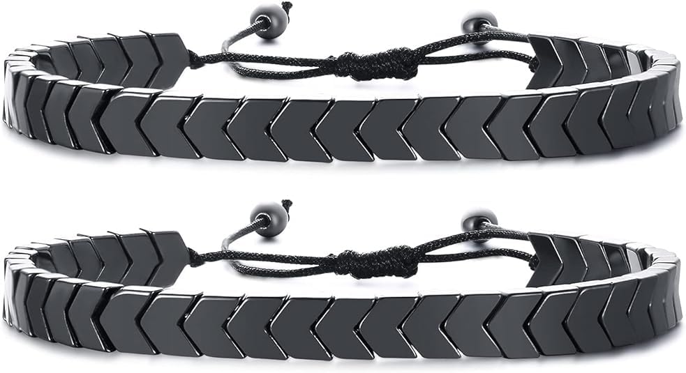 El Regalo Unisex-Adult 2 Pcs Braided Black Hematite Arrow Heart Adjustable Bracelets Set for Couples - Natural Gemstone Link Bracelet (Arrow Hematite)