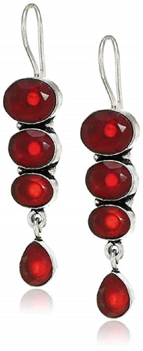 El Regalo Oxidized Silver Plated Vintage Style Stones Statement Party Earrings for Girls & Women (Red)