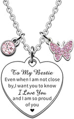 El Regalo "To My Best Friend/To My Bestie Heart Pendant Necklace for Kids, Girls, Women - Stainless Steel, Anti-Tarnish, Waterproof, CZ Charm & Butterfly Embellished Necklace (To My Bestie)