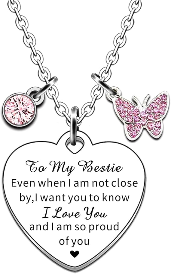 El Regalo "To My Best Friend/To My Bestie Heart Pendant Necklace for Kids, Girls, Women - Stainless Steel, Anti-Tarnish, Waterproof, CZ Charm & Butterfly Embellished Necklace (To My Bestie)