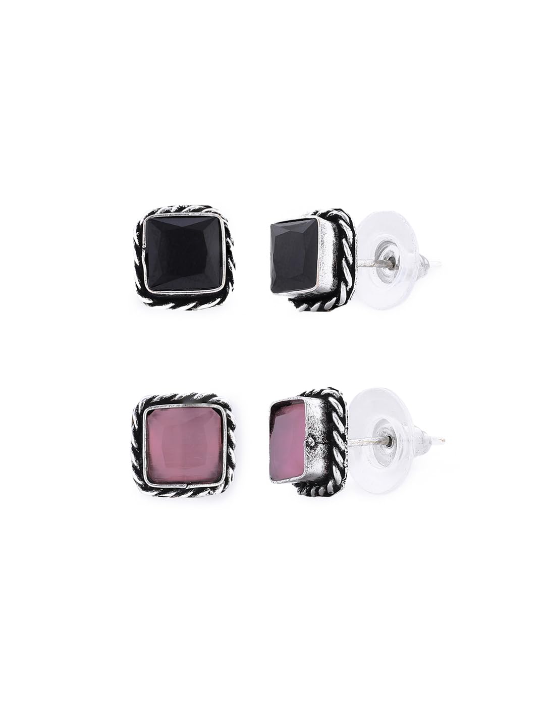 El Regalo 2 Pairs Silver Replica Oxidized Stud Earrings for Girls & Women - Square Monalisa Stone Brass Earrings - Traditional Antique Look Earrings (Option-5)