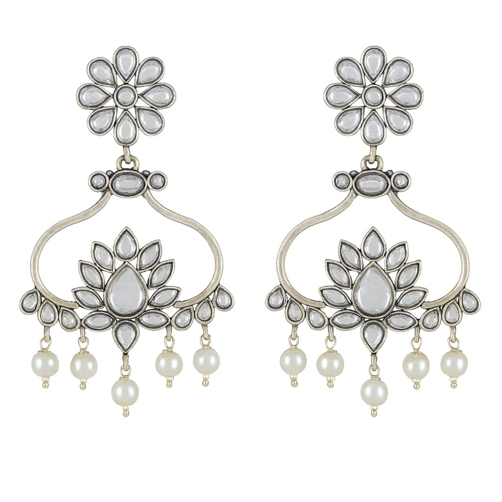 El Regalo Traditional Kundan Pearl Drop Chandelier Earrings with Rusty Silver Finish for Women & Girls | Festive, Wedding & Party Earrings (White)