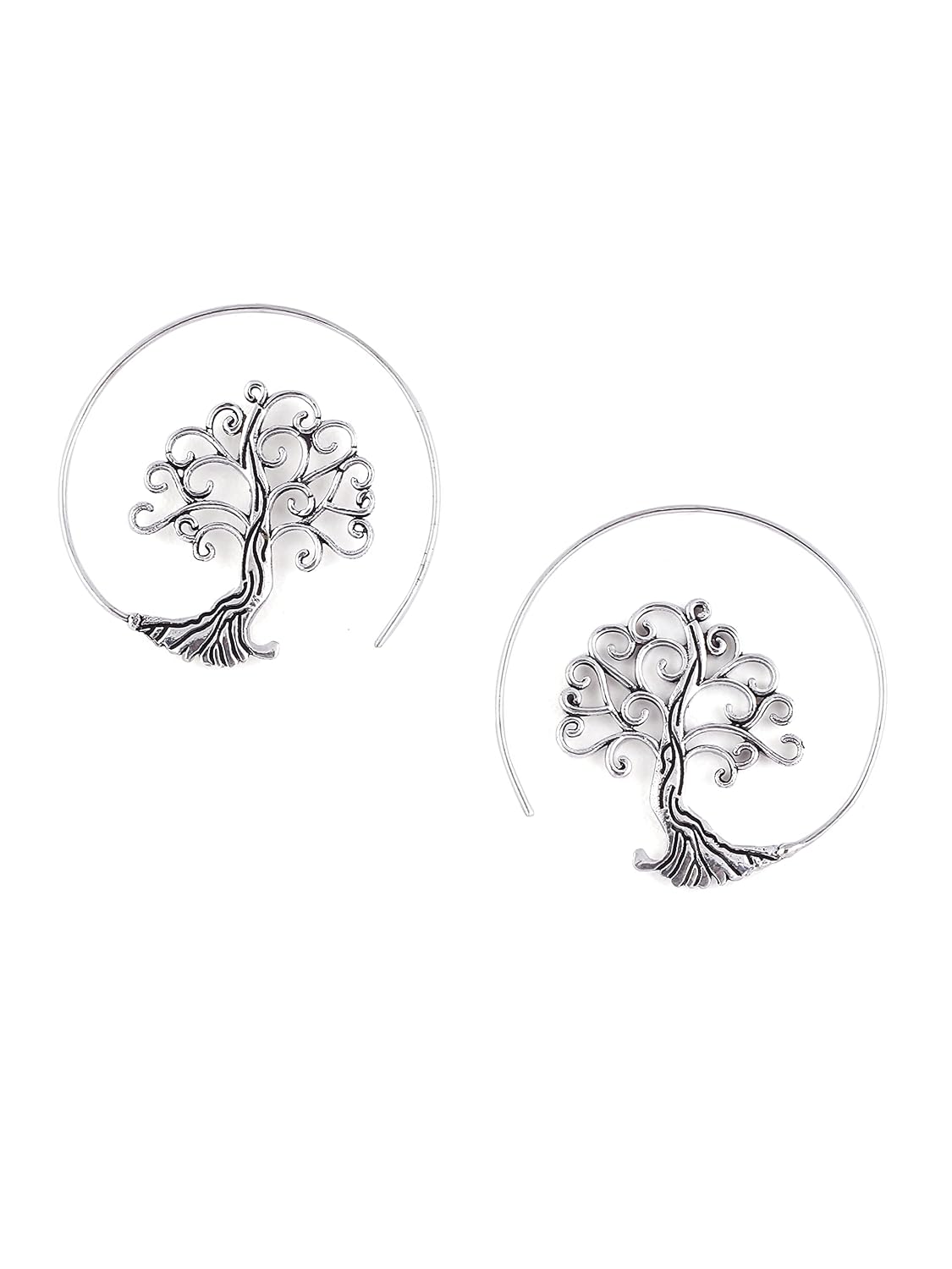 El Regalo Tribal Bohemian Style "Tree of Life" Spiral Hoop Earrings for Girls & Women (Silver)