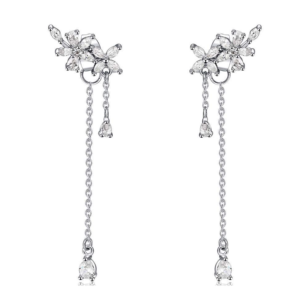 El Regalo 925 Silver Plated Dainty Flowers Threader Detachable Tassel Chain Leaves Wrap Earrings Crawler for Girls & Women