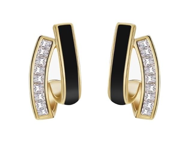 El Regalo Double Row C-Hoop Earrings for Women & Girls | Hypoallergenic Geometric Studs | Cubic Zirconia & Enamel/Shell Inlay | Elegant Daily, Office & Party Earrings Jewellery (Black)