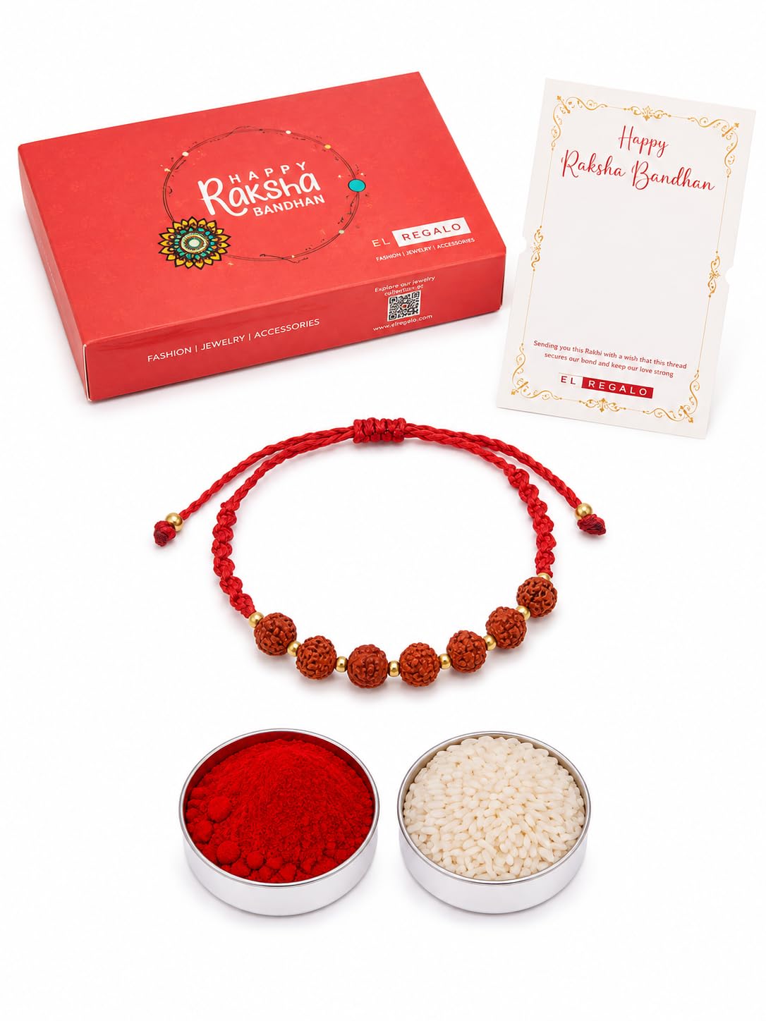El Regalo Unisex-Adult 1 Pc Rudraksha Rakhi For Brother Lord Shiva With Shagun, Rakhi Message Card In Rakhi Gift Box For Bhai (Rudraksha Multi Beads)