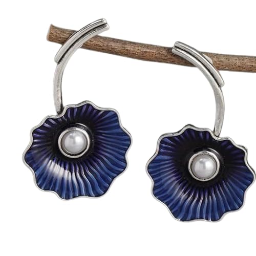 El Regalo Women's & Girl's Gorgeous Roast Blue Pearl Cloisonne Lotus Earrings- Vintage Blue Enamel Lotus Leaf Drop Freshwater Pearl Earrings