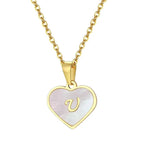 El Regalo Unisex Personalized Heart Name Initial Letters Pendant Necklaces - Stainless Steel Golden Heart Mother of Pearl Name Initials Letters Jewelry - Hypoallergenic Cursive Letters (A-Z) (U)
