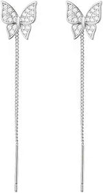 El Regalo CZ Butterfly Threader Chain Earrings for Women, Teen Girls- Butterfly Dangling Earrings- Rhinestone Butterfly Long Tassel Threader Dangle Earrings (Silver)