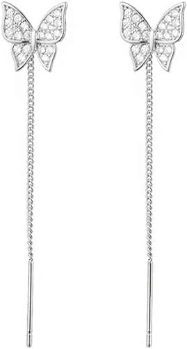 El Regalo CZ Butterfly Threader Chain Earrings for Women, Teen Girls- Butterfly Dangling Earrings- Rhinestone Butterfly Long Tassel Threader Dangle Earrings (Silver)