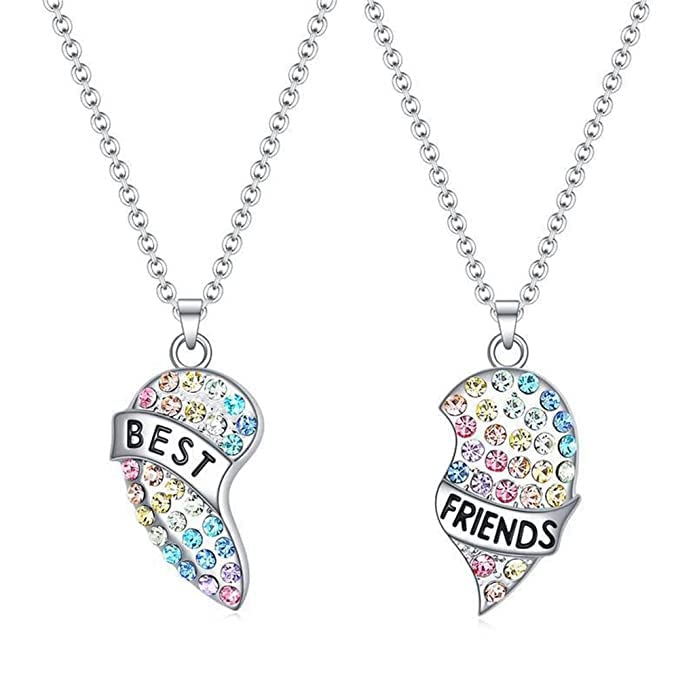 El Regalo Girls 2 Pcs Best Friends Rainbow Stones Heart Matching Pendant Necklaces For Besties/BFF/Soul Sisters