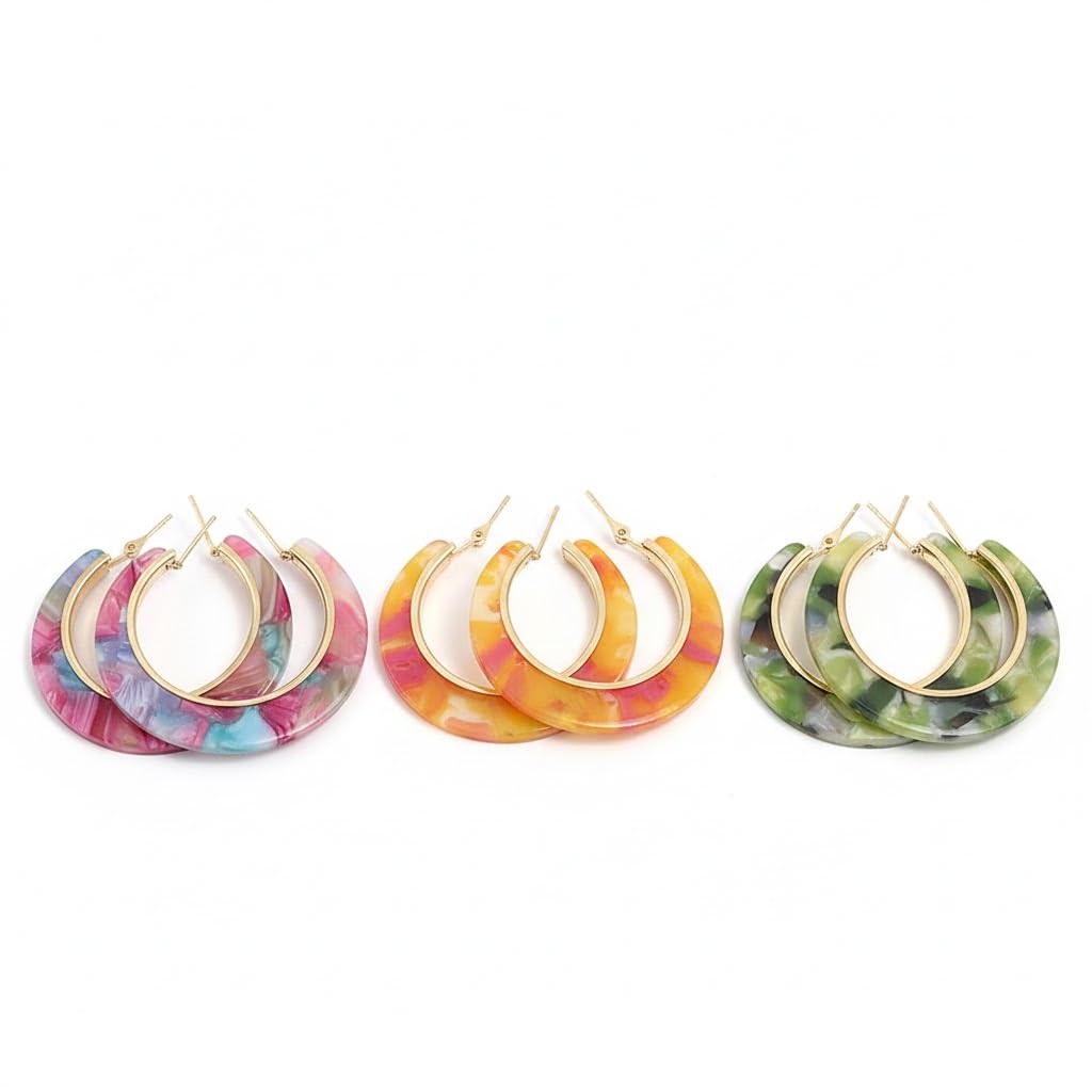 El Regalo 3 Pairs Acrylic Hoop Earrings for Women & Girls - Lightweight Colorful Resin Hoops Set - Boho Fashion Jewelry for Western & Casual Wear - Pack of 3 (Geometric C-Shape) (Option-2)