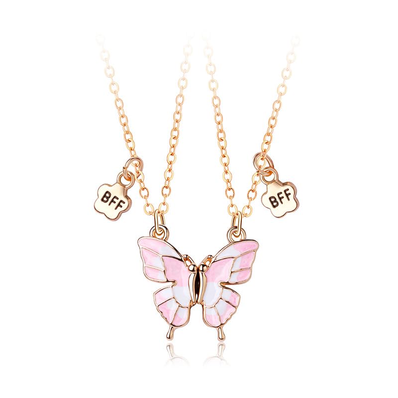 El Regalo 2 PCs BFF Best Friend Forever Butterfly Split Magnetic Matching Pendant Necklaces Set- Friendship Day Gift for Girls/Kids/Teens (Pink Butterflies Golden)