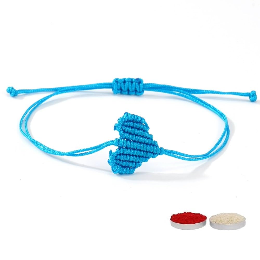 El Regalo Simple Heart Bracelet Rakhi for Brother - Handwoven Adjustable Macrame Rakhi with Roli Chawal | Minimalist Rakshabandhan Bracelet for Bhai in Elegant Rakshabandhan Box (Blue)