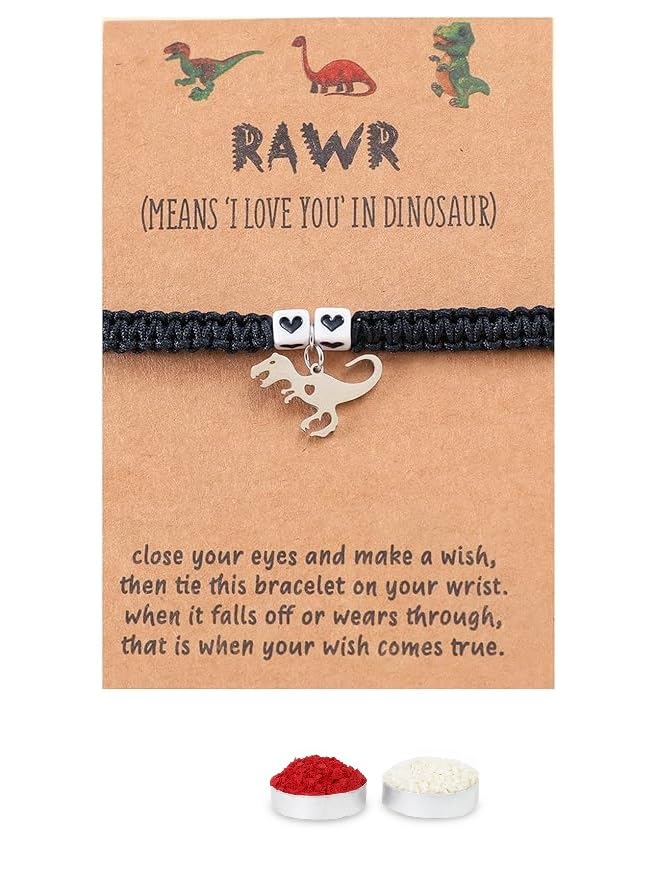 El Regalo Cute Rakhi for Brother- Fancy Tyrannosaurus Dinosaur Bracelet Rakhi for Bhai with Roli Chawal, Rakhi Message Card in Rakhi Gift Box (Black Heart Dino)