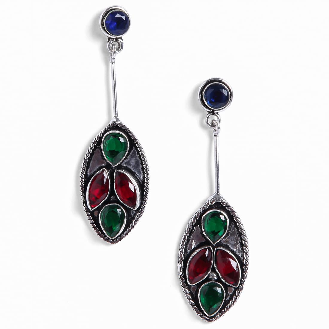 El Regalo 925 Silver Plated Fashion Statement Stones Stud Earrings for Woman & Girls - Oxidized Finish - Silver Lookalike Earrings