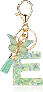 El Regalo Personalized Name Initials Butterfly Charm Keychain - Name Letters Keyring with Green Butterfly & Stars Filled Resin & Tassel Pendant, Purse, Bag, Backpack Accessory (Letter E)