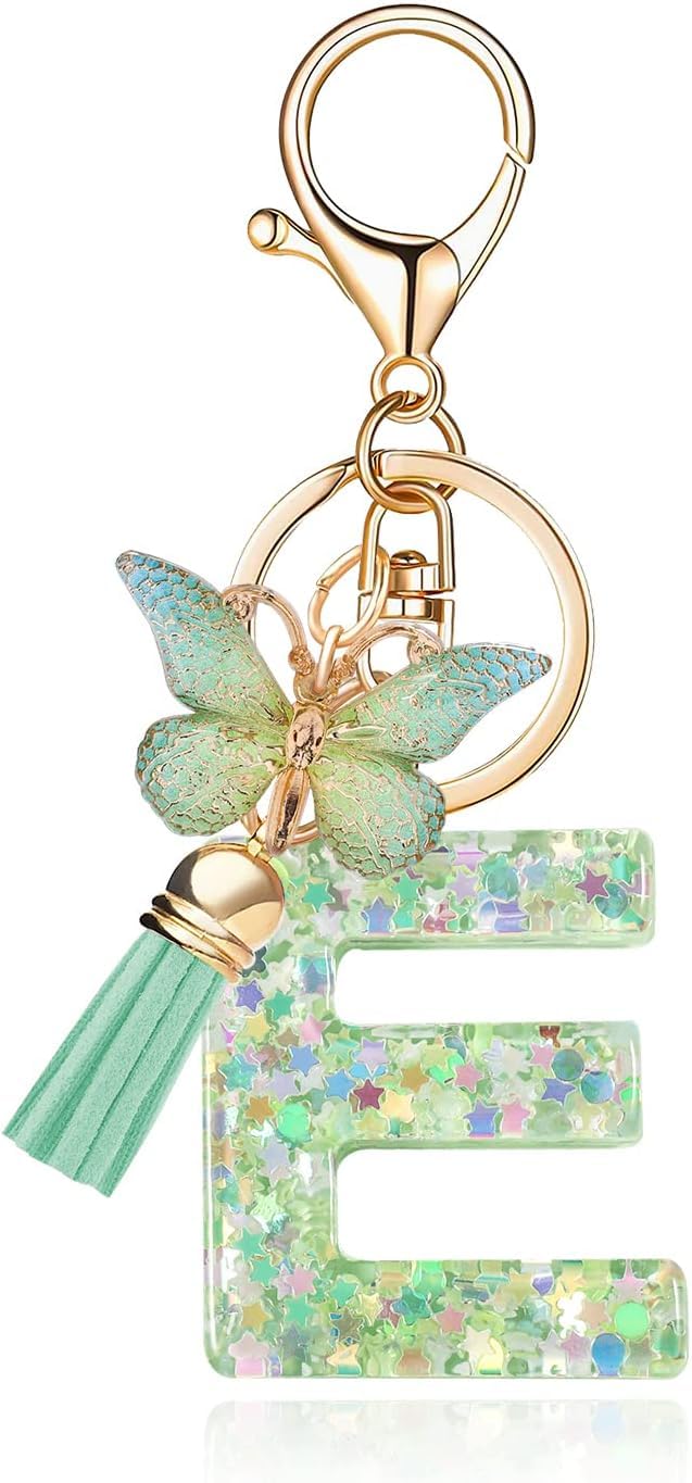 El Regalo Personalized Name Initials Butterfly Charm Keychain - Name Letters Keyring with Green Butterfly & Stars Filled Resin & Tassel Pendant, Purse, Bag, Backpack Accessory (Letter E)