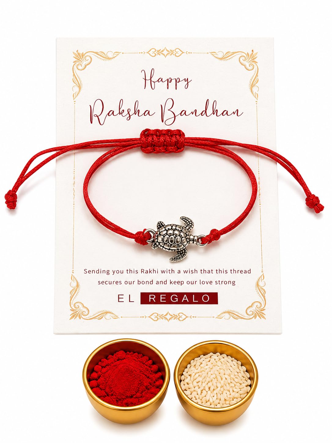 El Regalo Minimalist Lucky Turtle Adjustable Bracelet Rakhi for Brother- Red