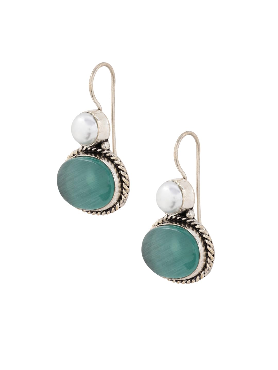 El Regalo 1Pair Cute Oxidized 925 Silver Plated Pearl & Stones Hook Earrings for Girls/Women- Silver Lookalike Handmade Oxidized Brass Hook Traditional Earrings with Stones & Pearls (Green)