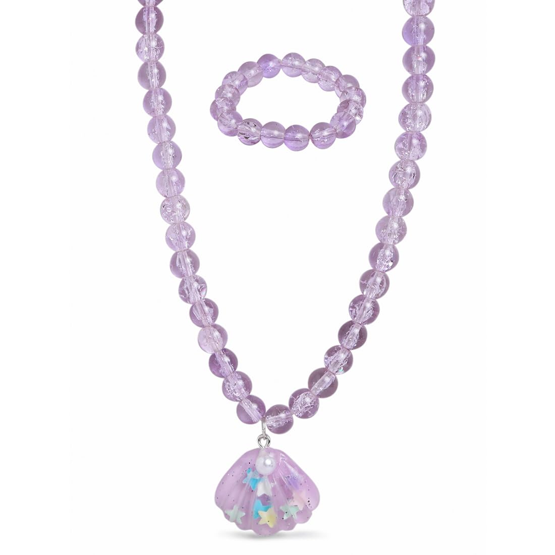 El Regalo 2 PCs Resin Shell Pendant Colorful Sparkly Crackle Beads Pendant Necklace & Bracelet Set for Kids/Girls- Christmas/Birthday Gift for Girls Kids (Purple)