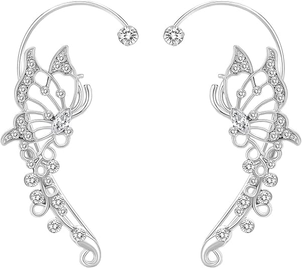 El Regalo 2PCS Butterfly Earrings Ear Cuffs Climber Wrap Around Earrings for Women/Girls- Fancy No Piercing Ear Clip Fairy Ear Jewelry (Silver)