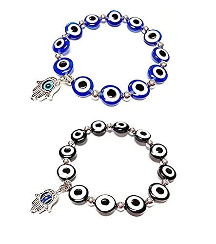 El Regalo Unisex 2PCs Evil Eye Hamsa Bracelets Set | Lucky Evil Eye Designer Protection Bracelets Set in Blue & Black