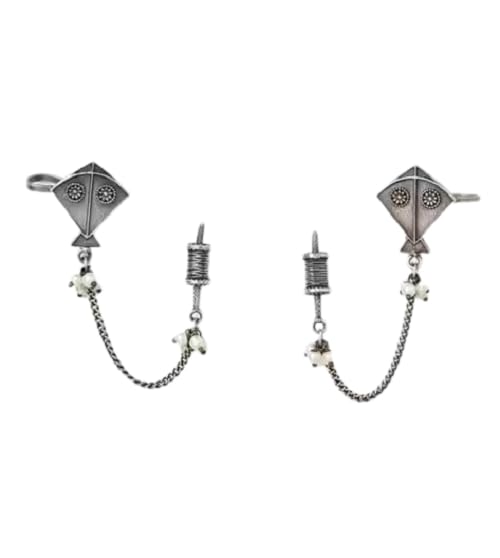 El Regalo Ethnic Oxidized Kite & Chkari Ear Cuffs - Handmade Silver Lookalike Ghunghru Earrings with Ear Clips for Women & Girls - Antique Brass Earrings with Chain Connection