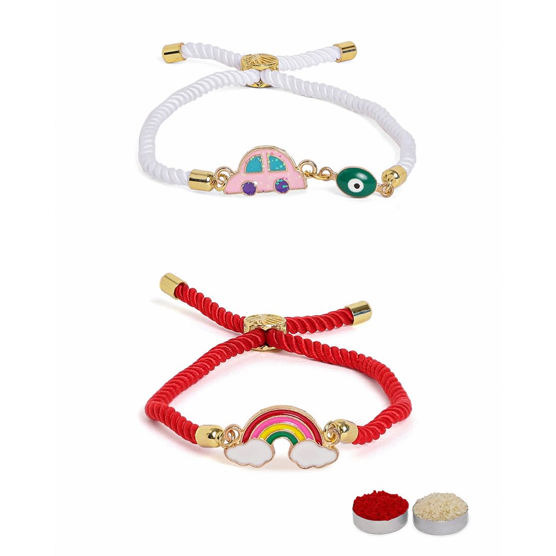 El Regalo 2PCs Cute Kids Evil Eye Car, Rainbow Bracelet Rakhi Combo Sets- Fancy Kids Rakhi for Brother/Sister with Roli Chwal, Rakhi Message Card in Rakhi Box for Babies/Toddlers/Kids/Teens