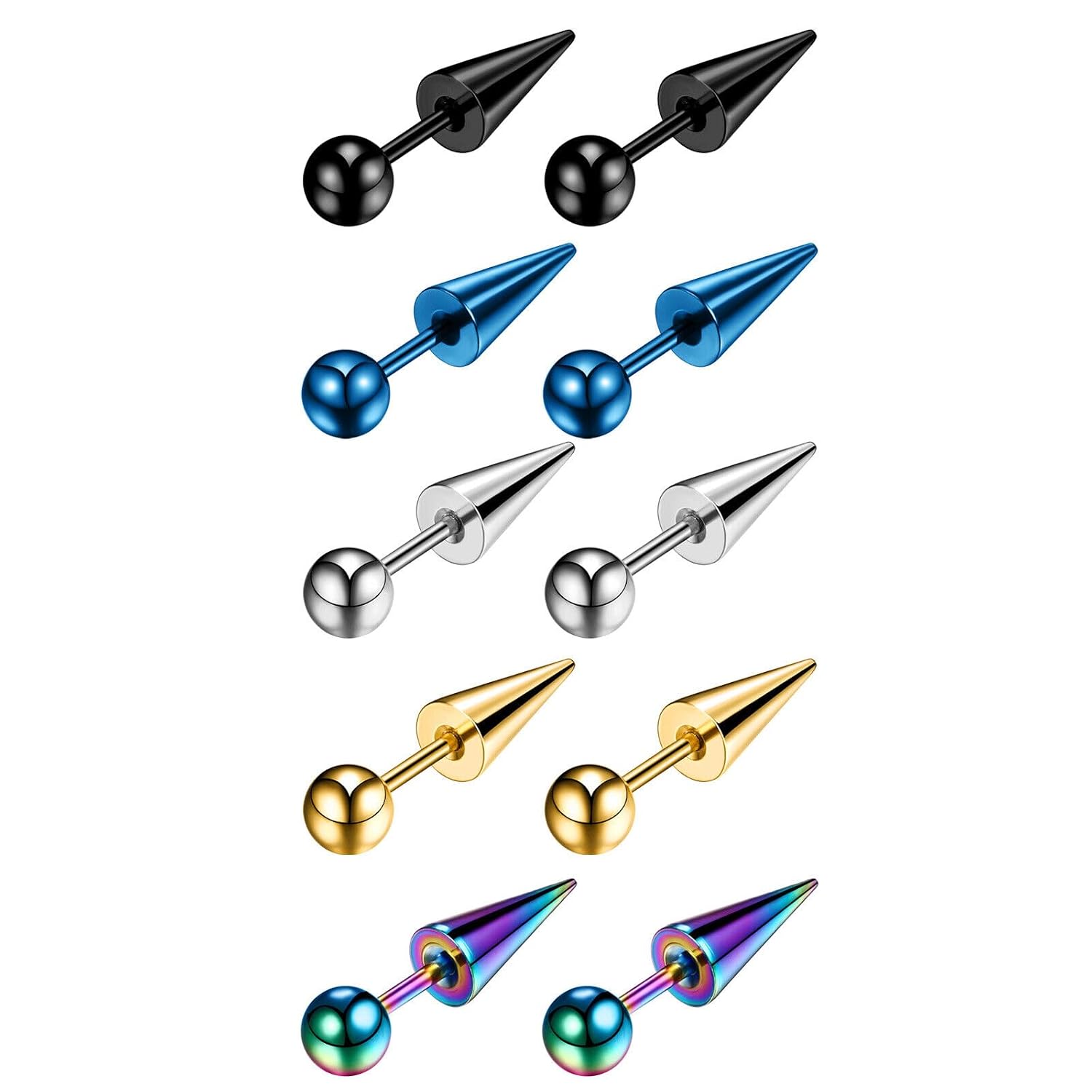 El Regalo 5 Pairs Surgical Stainless Steel Round Ball Cone Spike Cartilage Earring- Waterproof Tragus Ear Piercing Helix Unisex Earrings for Men & women
