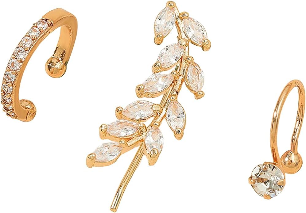 El Regalo 3 PCs Ear Cuff Earrings (Pierced & Non-Pierced) for Girls & Women- 1 Pierced Leaf Ear Cuff & 2 Non- Pierced Earrings Adjustable Sparkling Circle Ear Clip CZ Styles