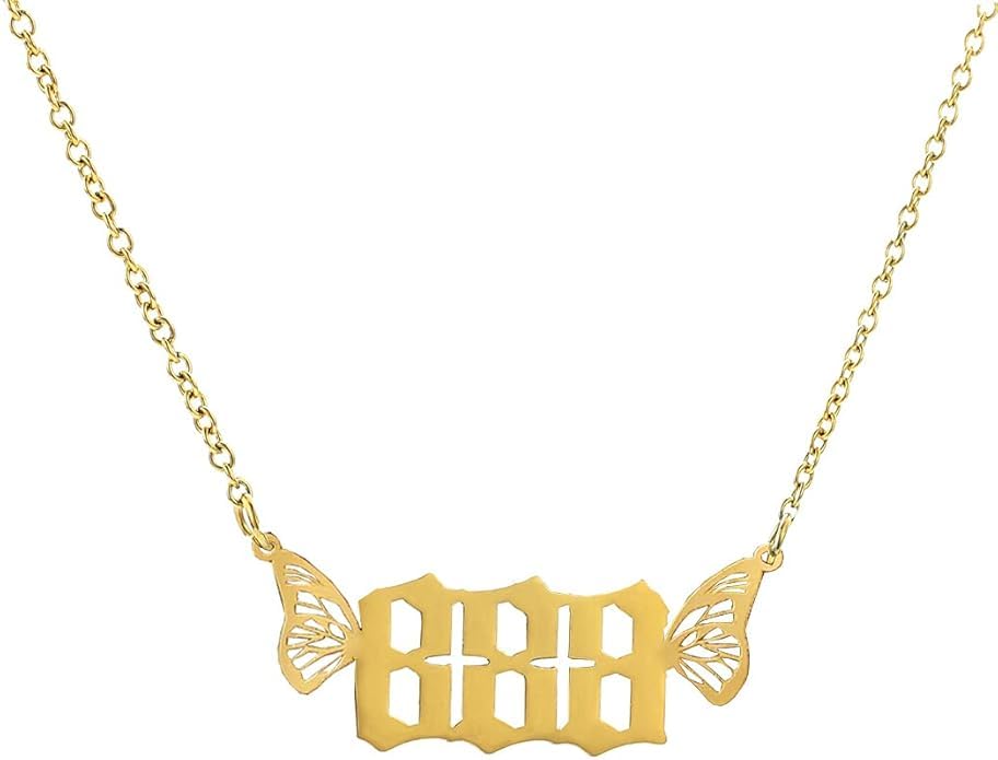 El Regalo Small Butterfly Wings Angel Number Necklace- Stainless Steel, Anti Tarnish, Angel Number Numerology Jewelry for Women & Girls (Angel Number 888)