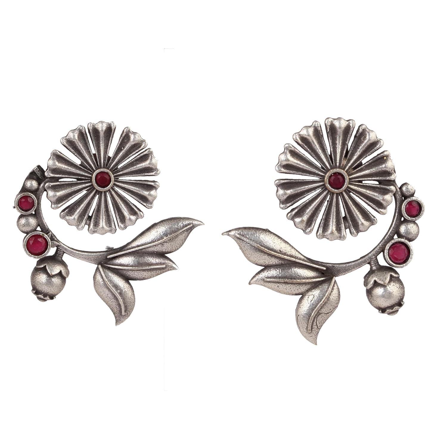 El Regalo Oxidized Brass Earrings for Women - Silver Lookalike/Silver Replica Floral Leaves Stones Statement earrings for Girls & Women- Handmade Earrings (Red)