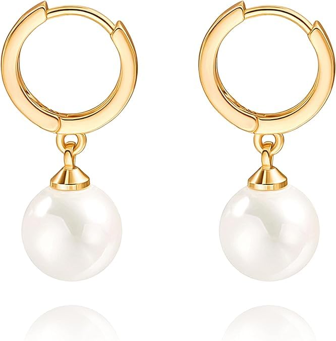 El Regalo Stainless Steel Pearl Hoop Earrings- Anti-Tarnish Small Pearl Drop Huggie Hoop Bali Earrings for Girls & Women (Golden)