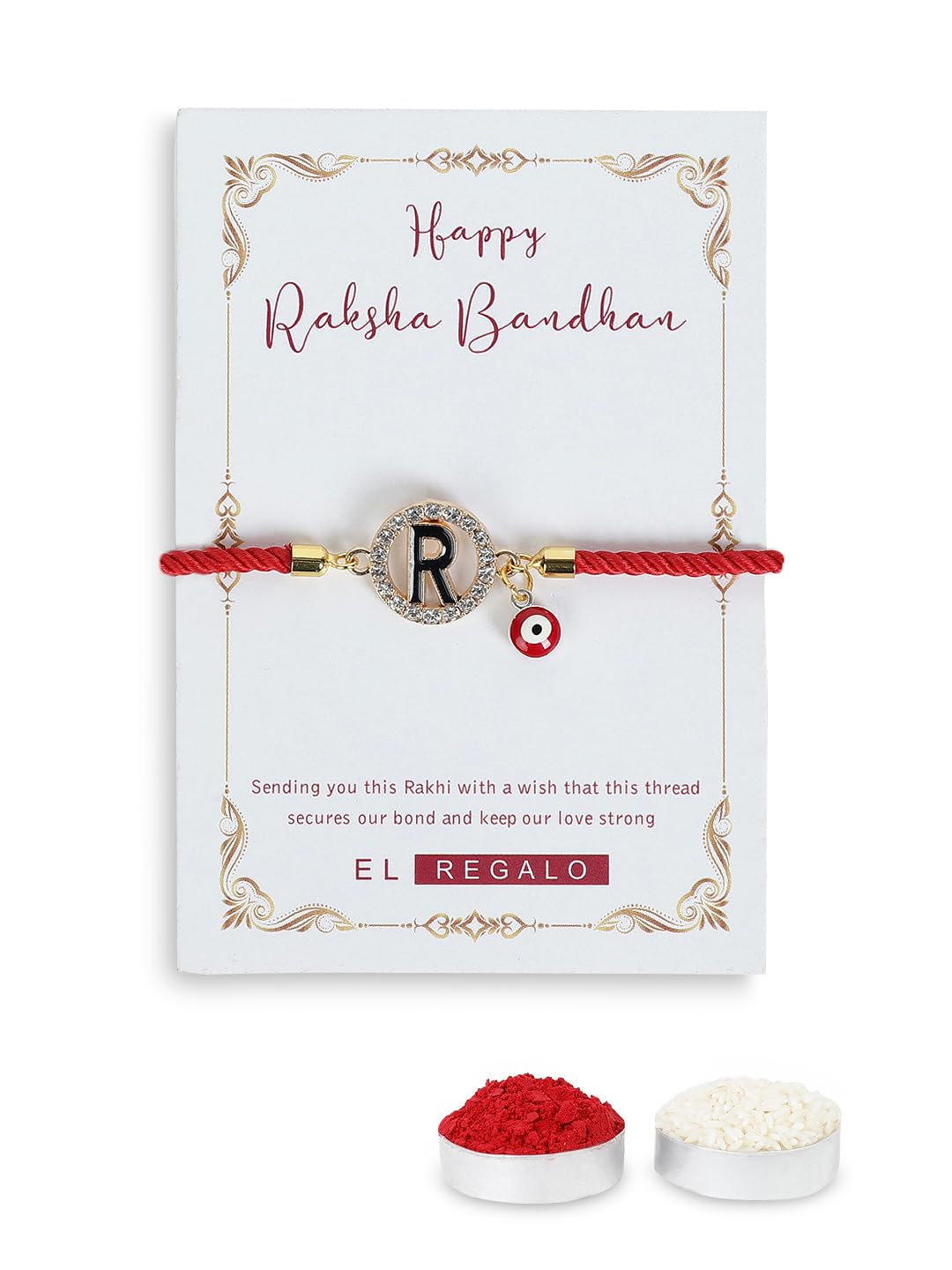El Regalo Name Initials Evil Eye Bracelet Rakhi for Brother- Name Letter CZ Rakhi with Roli Chawal, Message Card in Rakshabandhan Box for Bhai (Red- R)