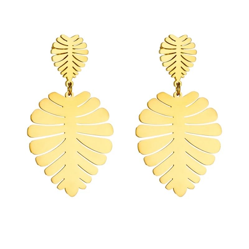 El Regalo Women's & Girl's Big & Bold Stainless Steel Hollow Cut Leaves Stud Earrings- Western Tropical Monstera Leaves Earrings