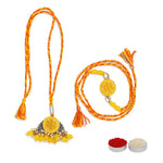 El Regalo Designer Bhaiya- Bhabhi Rakhi Luma/Lumba Set- Kundan, Pearls Rakhi with Roli Chawal in Gift Box- Luma Convertible into Necklace (Option-6)
