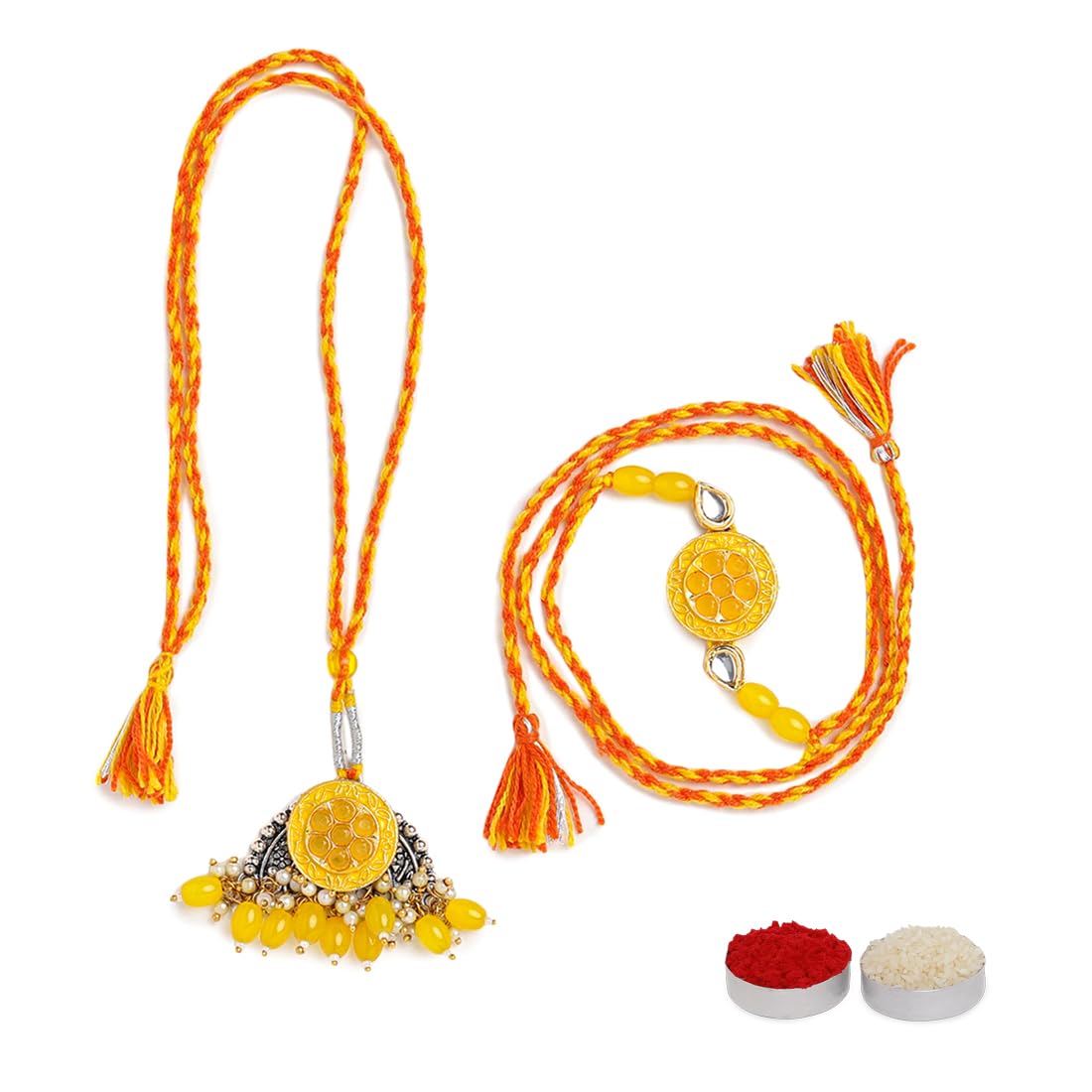 El Regalo Designer Bhaiya- Bhabhi Rakhi Luma/Lumba Set- Kundan, Pearls Rakhi with Roli Chawal in Gift Box- Luma Convertible into Necklace (Option-6)