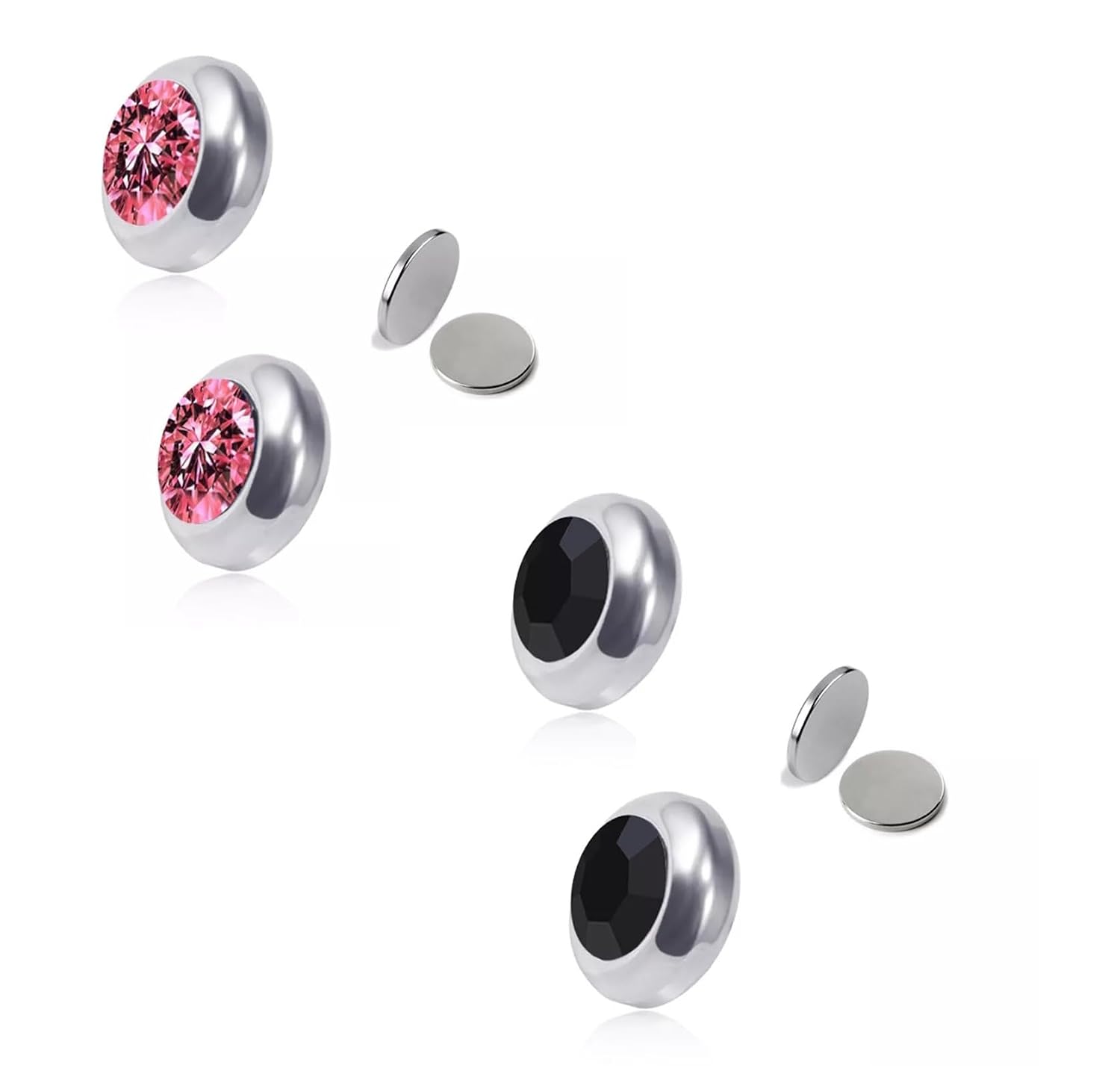 El Regalo 2 Pairs Non-Pierced CZ Magnetic Clip-On Unisex Earrings for Men/Women/Girls/Boys - Colorful CZ Fake Crystal Ear Stud Earrings (Pink & Black)
