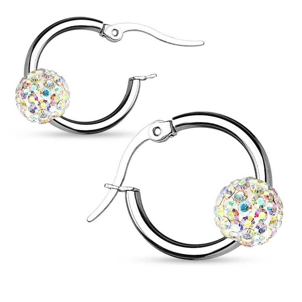 El Regalo Stainless Steel Hoop Earrings with Crystal Balls- Colored Crystal Ball 316L Surgical Steel Hoop Earrings- Crystal Baali for Girls & Women (White)