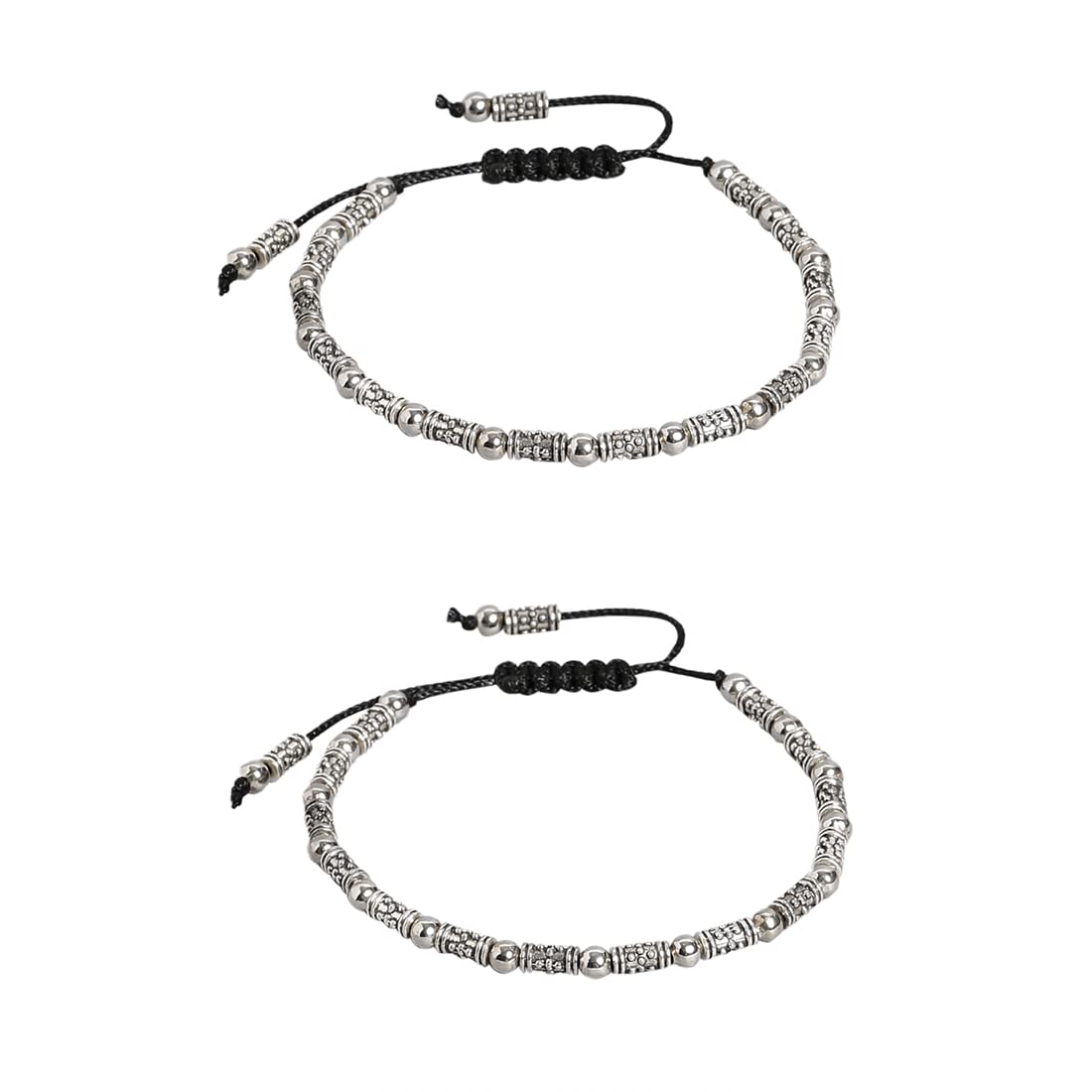 El Regalo 1 pair Boho Adjustable Oxidized German Silver Bead Anklets for Girls & Women- Tribal Thread Anklets Set (Style-3)