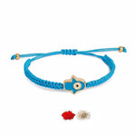 El Regalo 1 PC Hamsa Hand Evil Eye Nazaria Rakhi for Brother- Fancy Evil Eye Rakhi Gift Box with 1 PC Rakhi, Shagun Pack & Rakhi Message Card in Rakhi Gift Box (Light Blue Hamsa Rakhi)