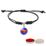 El Regalo 1PC Superhero Kids Rakhi- Fun Kids Bracelet Rakhi with Roli Chawal, Rakhi Message Card in Rakhi Gift Box for Little Bro/Sister/Niece or Nephew (Superman Black Rakhi)